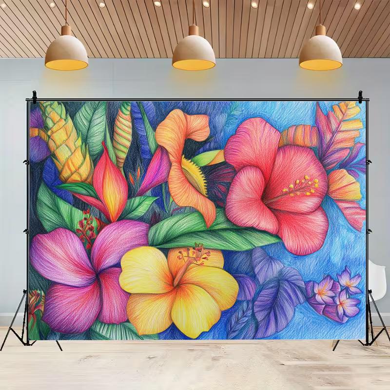 2D Tropical Floral Art Backdrop Colorful Hibiscus Flower Party Photography Banner