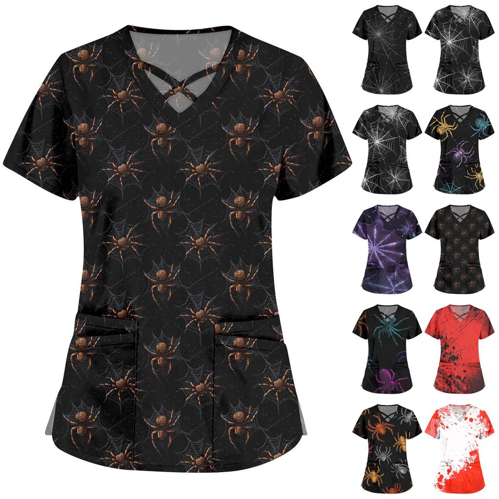 Women's Fashion Cross V Neck Short Sleeve Overalls Double Pockets Halloween Printed Tops Uniforms