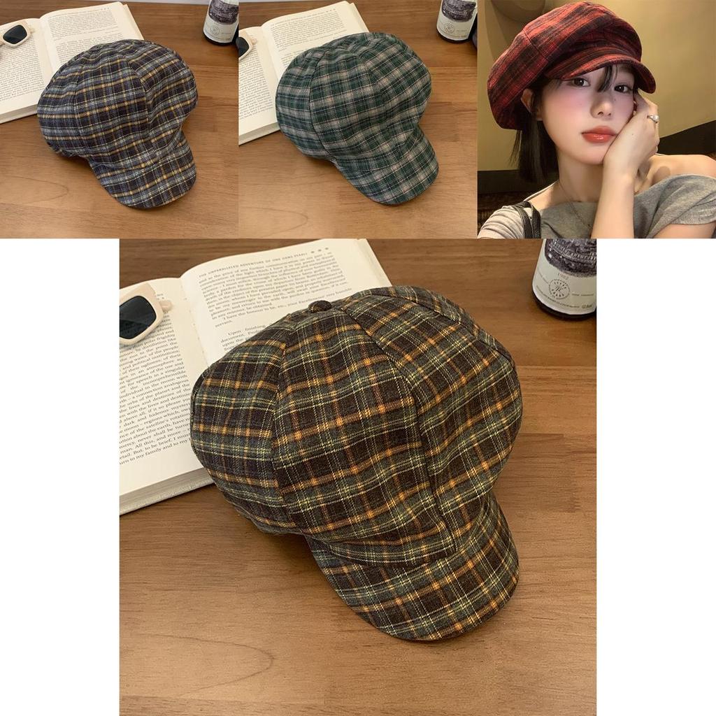 Vintage Red Plaid Cloud Beret Hat For Women Summer Casual Fashion Accessory