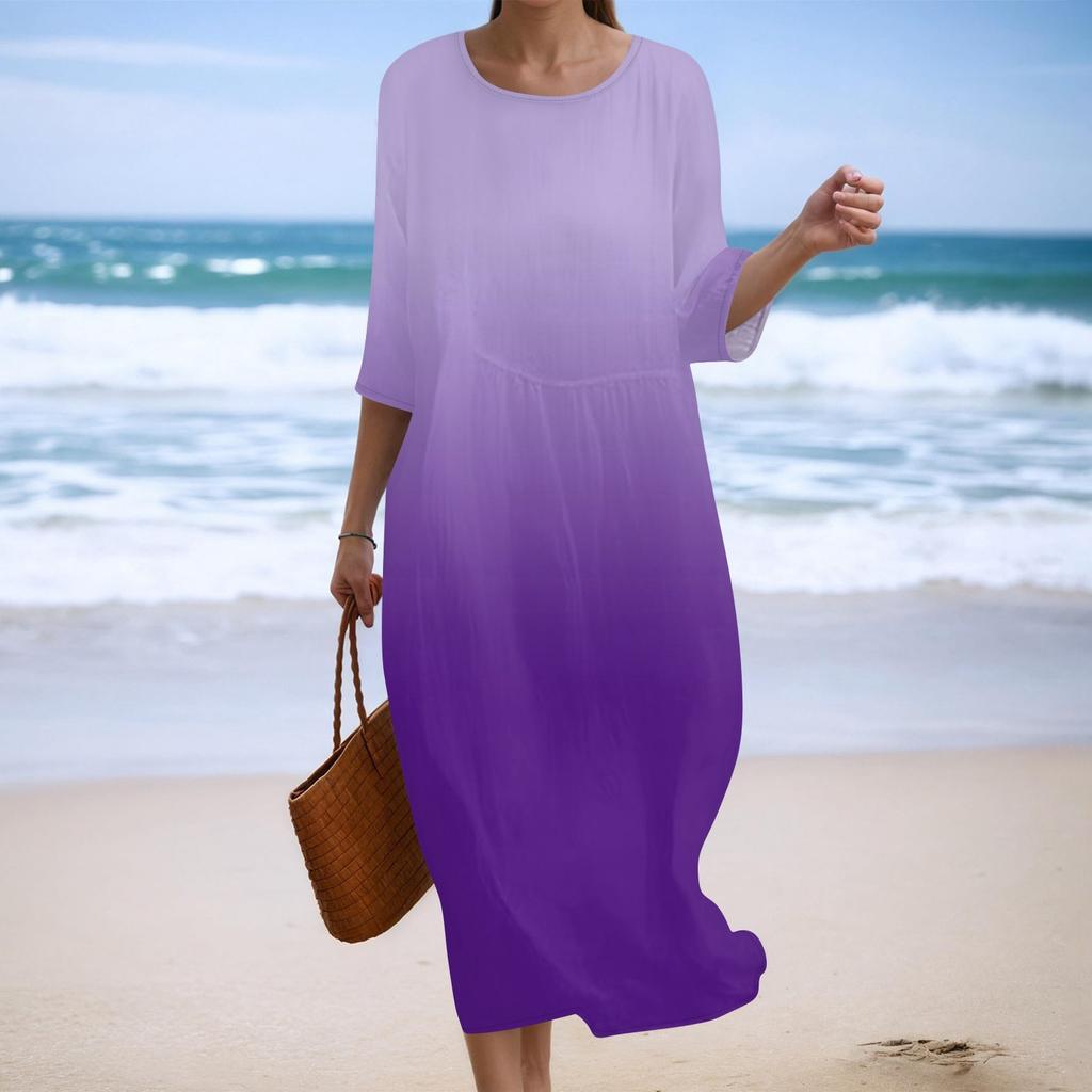 Women's Fashionable Printed Round Neck Seven Quarter Sleeve Loose Dress