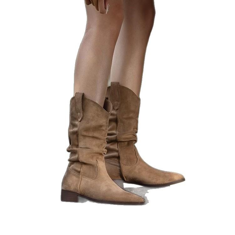 Sheepskin version~ retro western cowboy boots pointed thick heel short boots thin V-mouth pleated piled boots women's medium boots