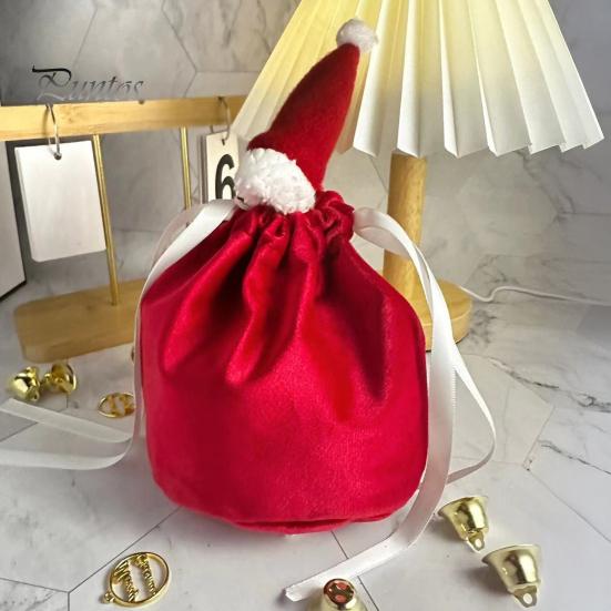 Velvet Christmas Gift Bags Drawstring with Santa Hat, Reusable Xmas Goodie Sacks, Festive for Friends Candy Apple Treat Pouch Eve Giving, Party Favors