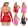 Women Rave Clubwear Set Glossy PU Halter Crop Top Backless Zipper with Fingerless Gloves and Lace Bodycon Mini Skirt