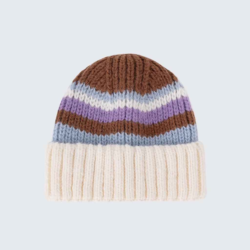 Fashion Color Blocked Knitted Wool Beanies for Women Stripe Ear Protection Skullcaps Autumn Winter Cold-proof Pullover H
