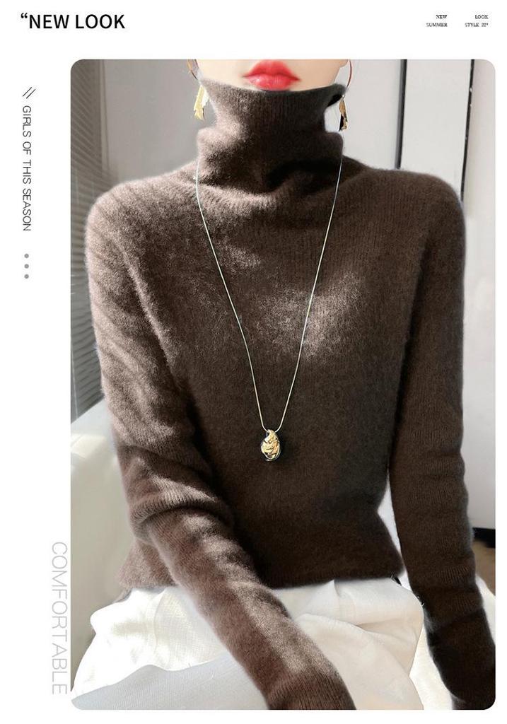 Women's High Neck Slim Striped Turtleneck Knitwear Sweater - Soft and Fluffy Long Sleeve for Autumn and Winter.