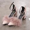 Spring new thick high-heeled side empty suede pointed head sexy and thin one-word buckle with fluffy sandals women