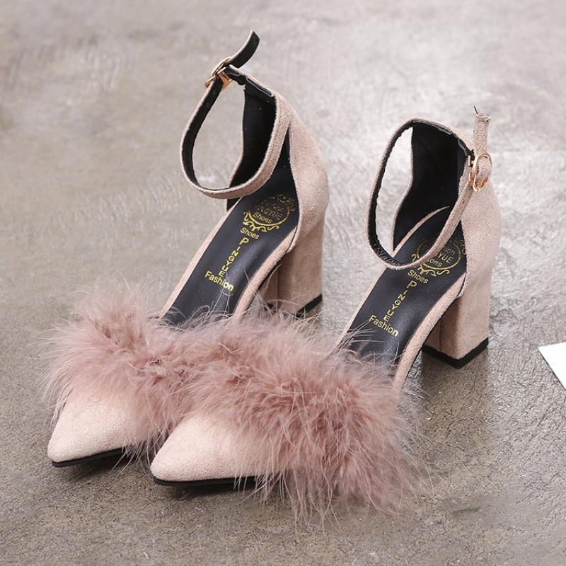 Spring new thick high-heeled side empty suede pointed head sexy and thin one-word buckle with fluffy sandals women