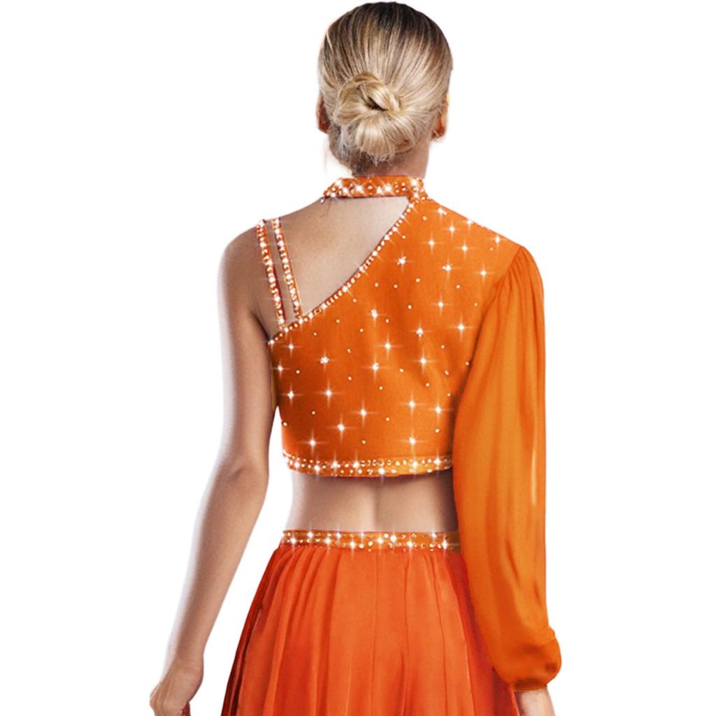 Damen Zeitgenössischer Tanz Top Asymmetrisch Transparentes Mesh Langarm Buntes Strass Crop Top