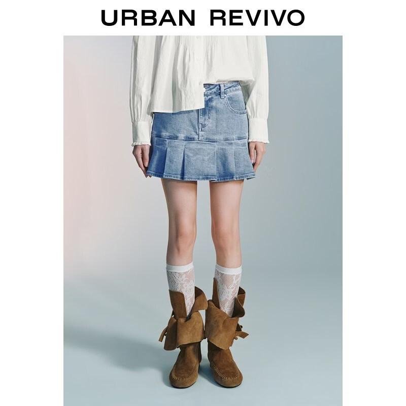 UR2026 Women s Pleated Washed Denim Mini Skirt M