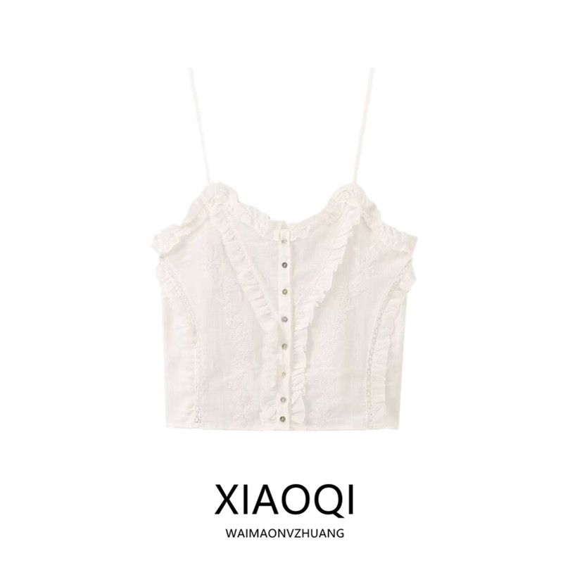 Fashion Style 2024 Autumn New Women's Clothing Embroider Cotton Plaid French Strap Tops 0881073