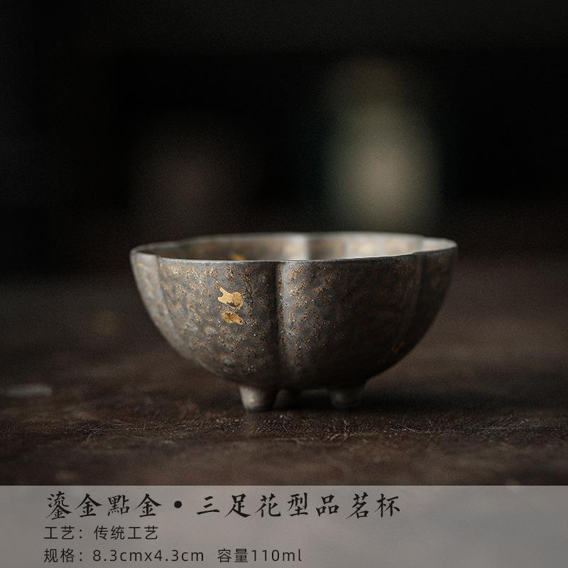Handmade Gold Pointing Gilded Glazed Teacup Retro Ceramic Master Cup Tea Cushion Personal Single Tea Bowl Base Kung Fu Teaware