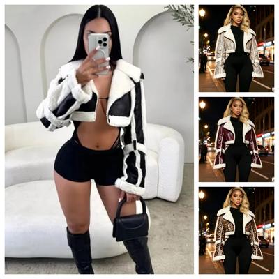 Y2k Basic Furry Patchwork Women Crop Jacket Hipster Full Sleeve Open Stitch Streetwear Warm Outwear Wild Winter Trend Coat