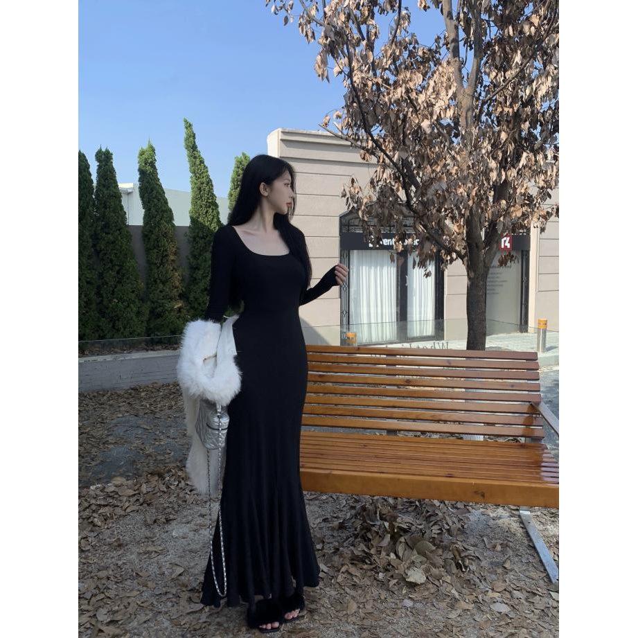 Schickes Langarm-Fischschwanzkleid mit quadratischem Ausschnitt für Damen