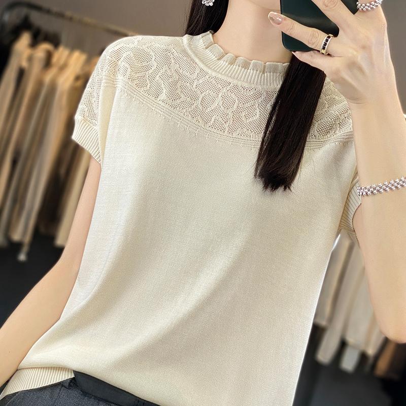 Tricou cu mânecă scurtă de vară pentru femei 50% amestec de mătase și poliester dud | Top casual ușor, respirabil, slim fit