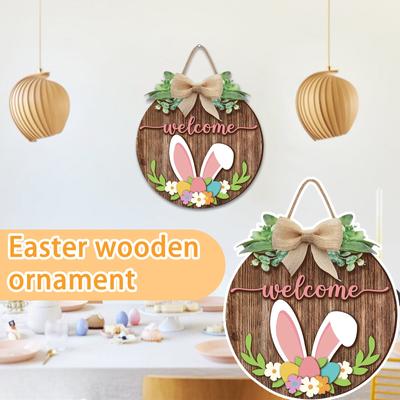 Easter Wooden Hanging Plaque With Bunny Welcome Sign, Rustic Easter Wooden Wreath Door Decoration For Home