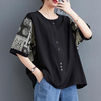 Γυναικεία Καλοκαιρινά T-shirts από Βαμβάκι και Λινό Μεγάλα Μεγέθη Φαρδιά Vintage με Μοτίβο Κοντομάνικα Μαύρα Τοπ