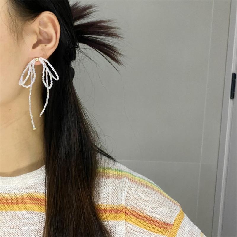 Exquisited Beaded Bowknot Drop Earrings Simple Dangle Earrings Fashion Tassels Drop Earrings Jewelry Small Hoop Earrings