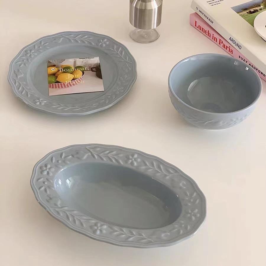French Minimalist Relief Flower and Bird Plate Ins Cream Yellow Tableware Household Ceramic Plate Rice Bowl Set Oval Soup Plate