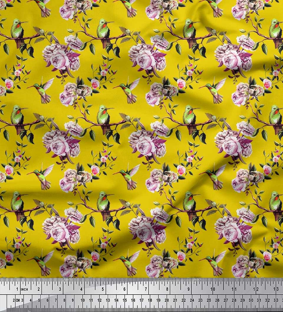 

Японська креп-атласна тканина Soimoi Колібрі, листя та троянда Тканина для рукоділля з квітковим принтом на метри 42 дюйми 42 Inch Wide - Poly Crepe жовтий