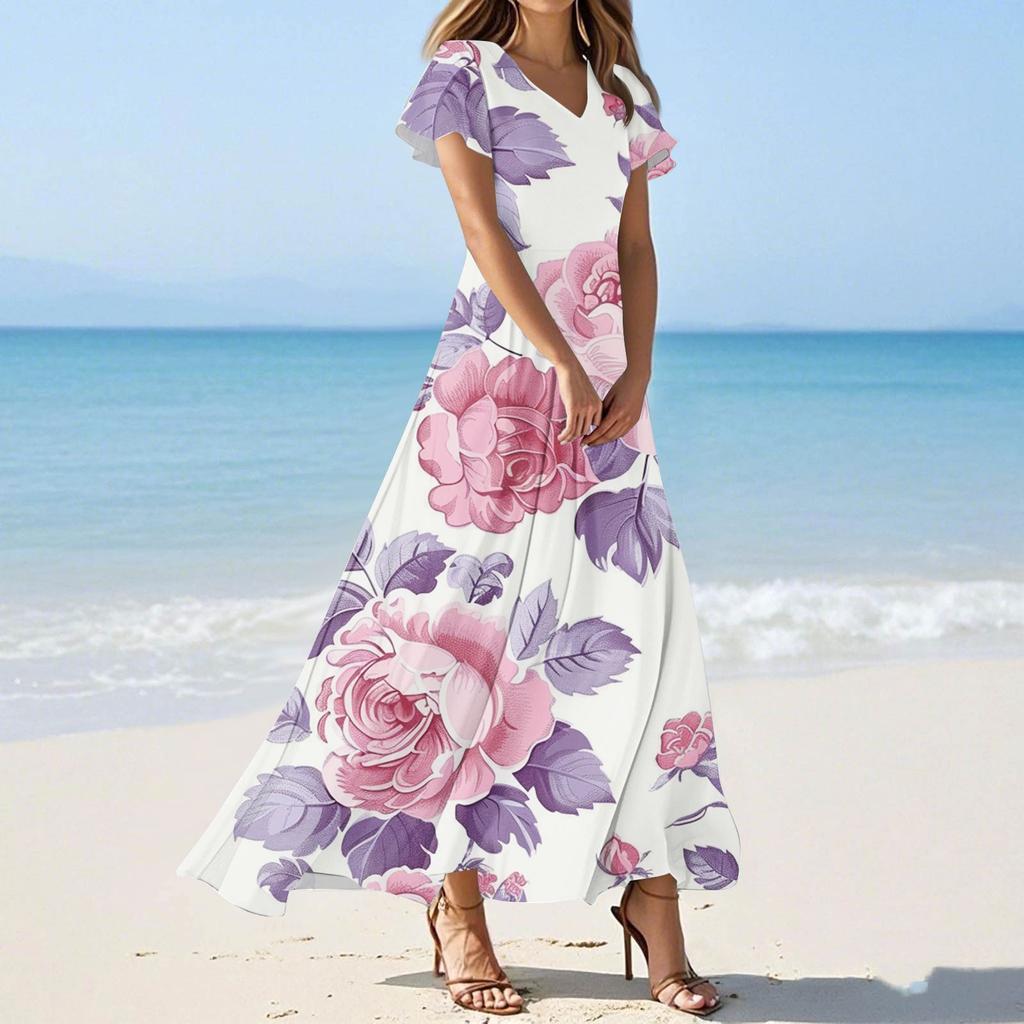 Women's Summer Casual Fashion Floral Print Dress V Neck Short Sleeve Dress