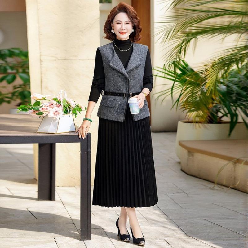

Women s French-Style Waist-Cinching Pleated Long Dress & Jacket Set, Spring/Autumn 2026 5XL (recommended for 150-160 jin) чорний/сірий