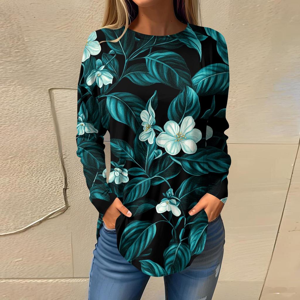 Women's  Loose Casual Flower Printed Round Neck Long Sleeved T Shirt Top Pullover Long Sleeved Sweatshirt