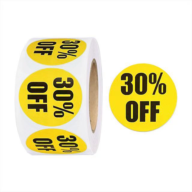 Okrągłe naklejki rabatowe o średnicy 1 cala: Czarny tekst na kolorowych etykietach samoprzylepnych na przecenione artykuły (25 MM)