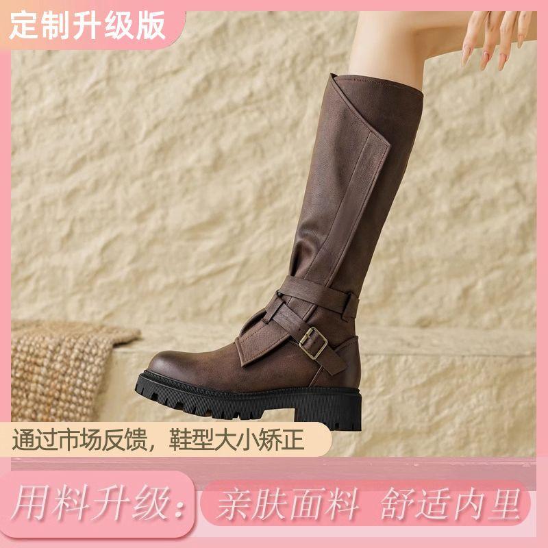 Camping Ödland Wind Motorradstiefel Runde Spitze Dicke Sohle Gürtelschnalle Westernstiefel 2025 Herbst Retro Hohe Ritterstiefel Damen