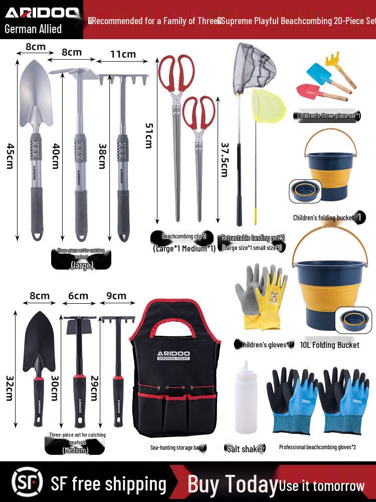 Tide-Chasing Tool Kit: Children's and Adults' Seaside Sand and Clam Digging Set with Shovel and Clips