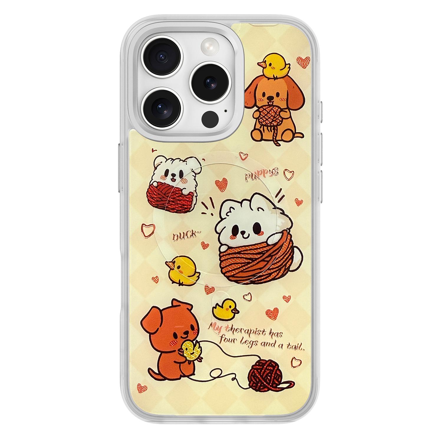 For iPhone 16 Pro Max Magnetic Case TPU PC Phone Cover with Yellow Duck Knitted Cat Backplate C