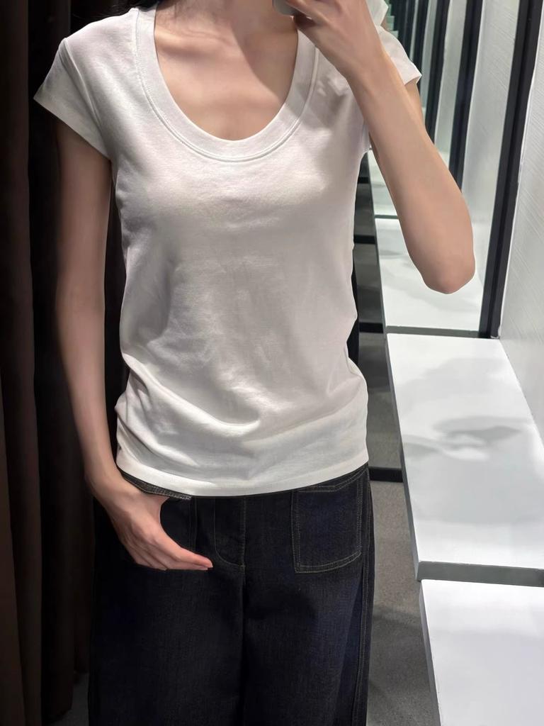 Factory Front Shoulder U-neck Short-sleeved T-shirt Women's Spring Summer Loose and Thin Simple New White Top Trendy