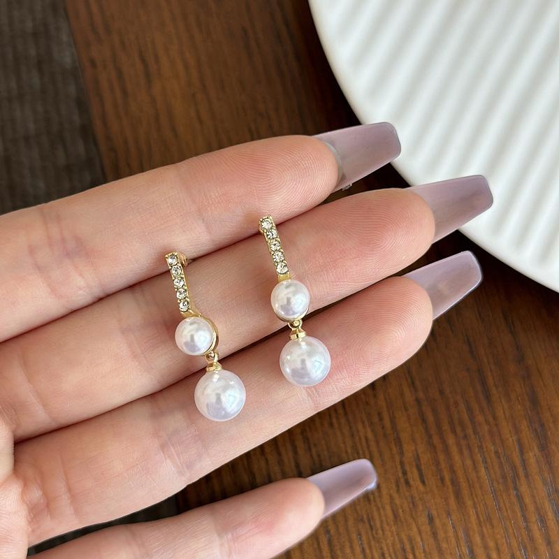 925 Silver Needle Temperament High-end Full Diamond Pearl Earrings Women's ins Wind Geometric Earrings Korean Light Luxury Earrings