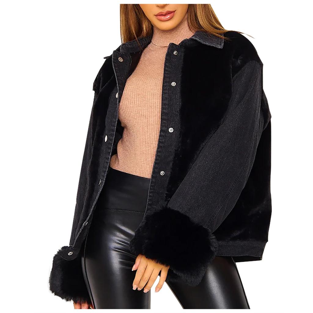 Moda Donna Casual Peluche Patchwork Cardigan Outerwear Giacca di Jeans Cappotto
