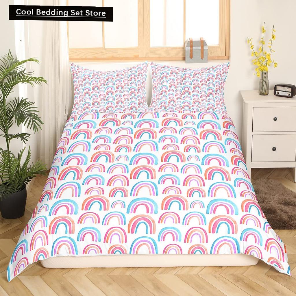 Cartoon Regenbogen König Königin Bettbezug Kinder Mädchen Bunte Wolken Bettwäsche Set Liebesherz Bettdeckenbezug Polyester Steppdeckenbezug