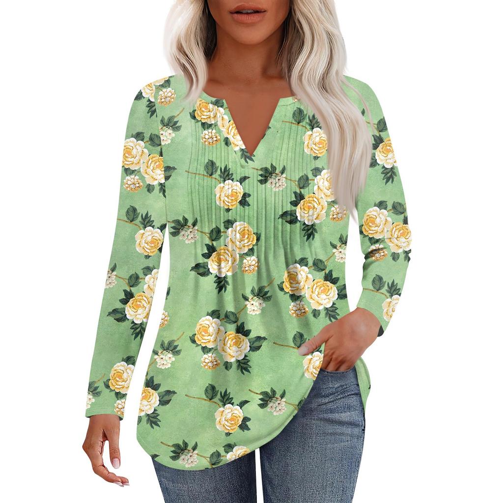 Damska Moda Casual Plisowana Koszulka z Dekoltem V w Jednolitym Kolorze z Długim Rękawem Eleganckie Bluzki