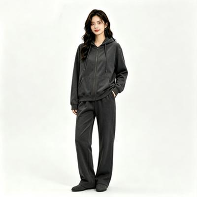 Herbst und Winter Fleece Cardigan Pullover Set Damen Lockerer Sportanzug Hoodie + Weite Hosen 1-teiliges Set