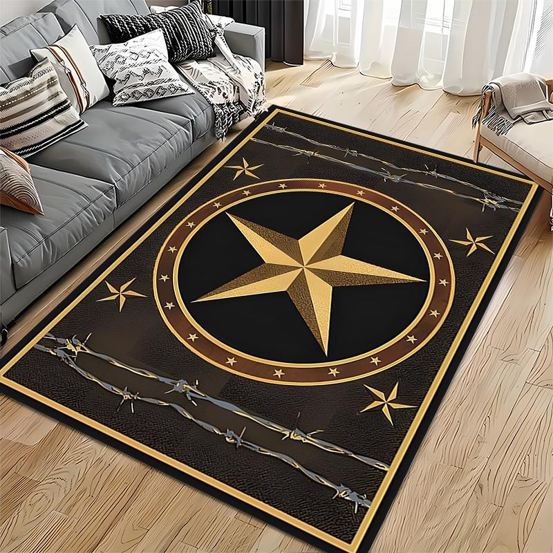 Golden Star Emblem on Black Rug - Non-slip rug suitable for living room and bedroom sofas.
