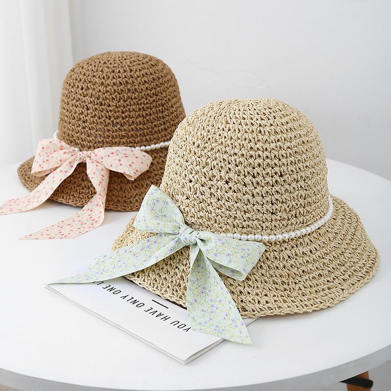 Sun Hat Women Summer French Style Straw Wide Brim Beads Chain Beach Hat Lady Adjustable Foldable Sunhat New Foldable