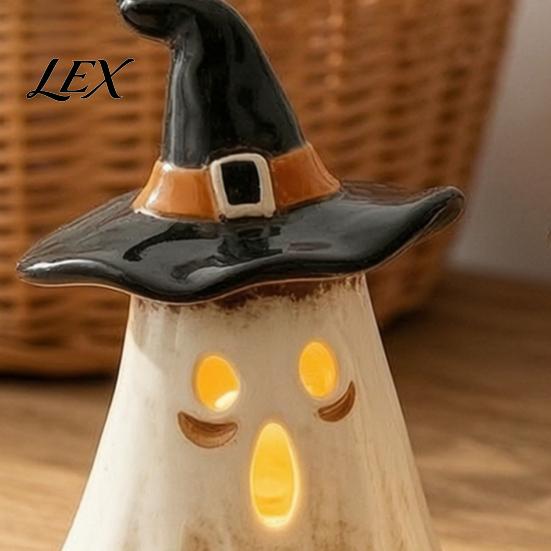 Holiday Atmospheric Night Lights Witch Hat Ghost Tealight Candle Holder, Vintage Resin Halloween Tabletop Decor Rustic Pastoral Theme Ornaments