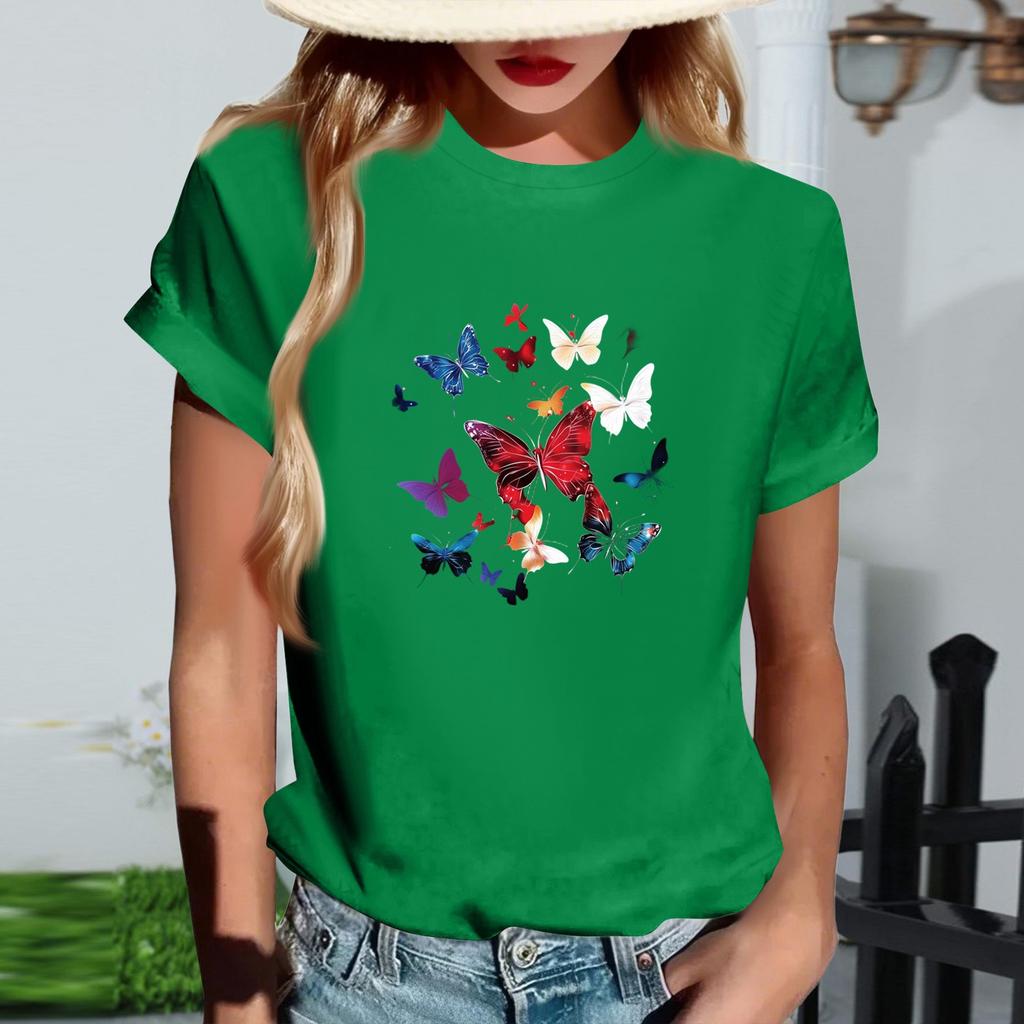 Women's Fashionable Round Neck Casual Retro Print Short Sleeved T-shirt Top