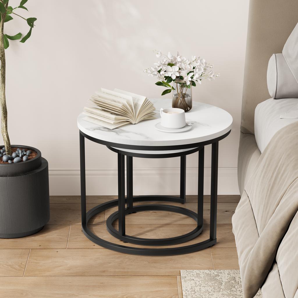 White Nesting Coffee Table 2-Piece Set, 60cm Metal Frame Round Coffee Table, Suitable for Living Room, Bedroom, Balconies, Patios, Offices, Small Room