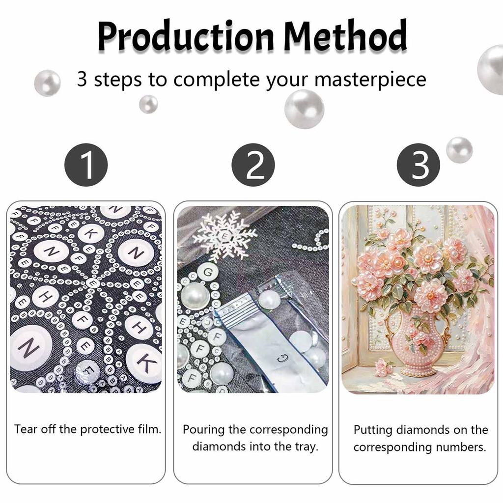 DIY Pearl and Diamond Painting Kit for Adults and Beginners. Sparkling Craft Art Pink Flower Vase. Home Wall Decor and Handmade Gifts