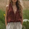 Women's Linen Blend Sleeveless Halter Shirt Button-Down V-Neck Tank