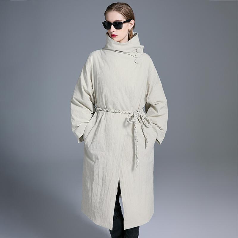 pleated kinked belt loose new down jacket women's long large size thin design white duck down jacket