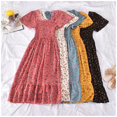 Floral Printed Elastic Casual Women Classy Corset Dresses Casual Dresses Woman Pleated Long Dress