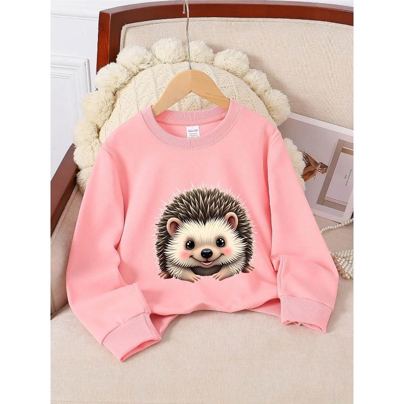 Girls' Crewneck Sweatshirt - Cute Hedgehog Face Pattern Print Machine Washable, Spring And Autumn, Sportswear And Casual Wear