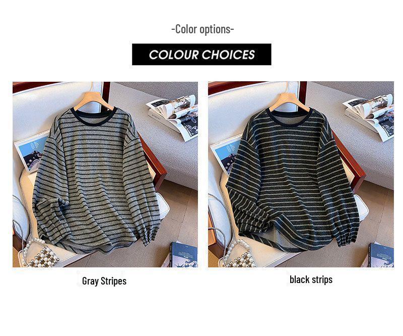 Plus Size Velvet Color Block Striped T-shirt: Korean Style, Long Sleeve, Loose Fit, Slimming & Warm Women's Top