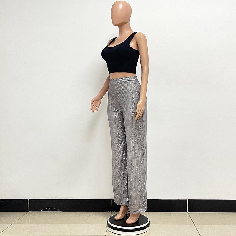 Pantalones de Lentejuelas de Cintura Alta y Pierna Ancha para Mujer 2025 - Moda Europea y Americana