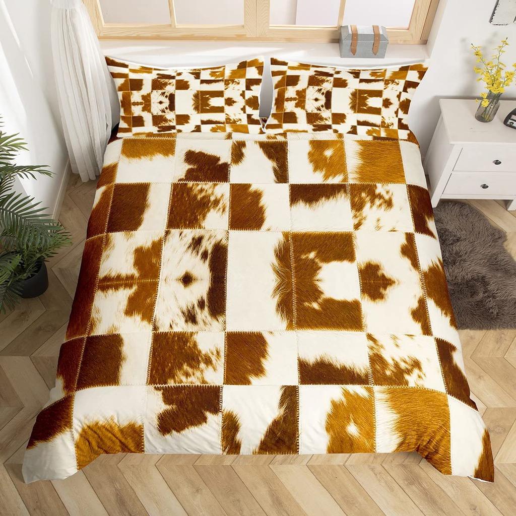Cowhide King Queen Duvet Cover Patchwork Cow Fur Print Bedding Set Animal Quilt Cover Western Cowboy Polyester Comforter Cover