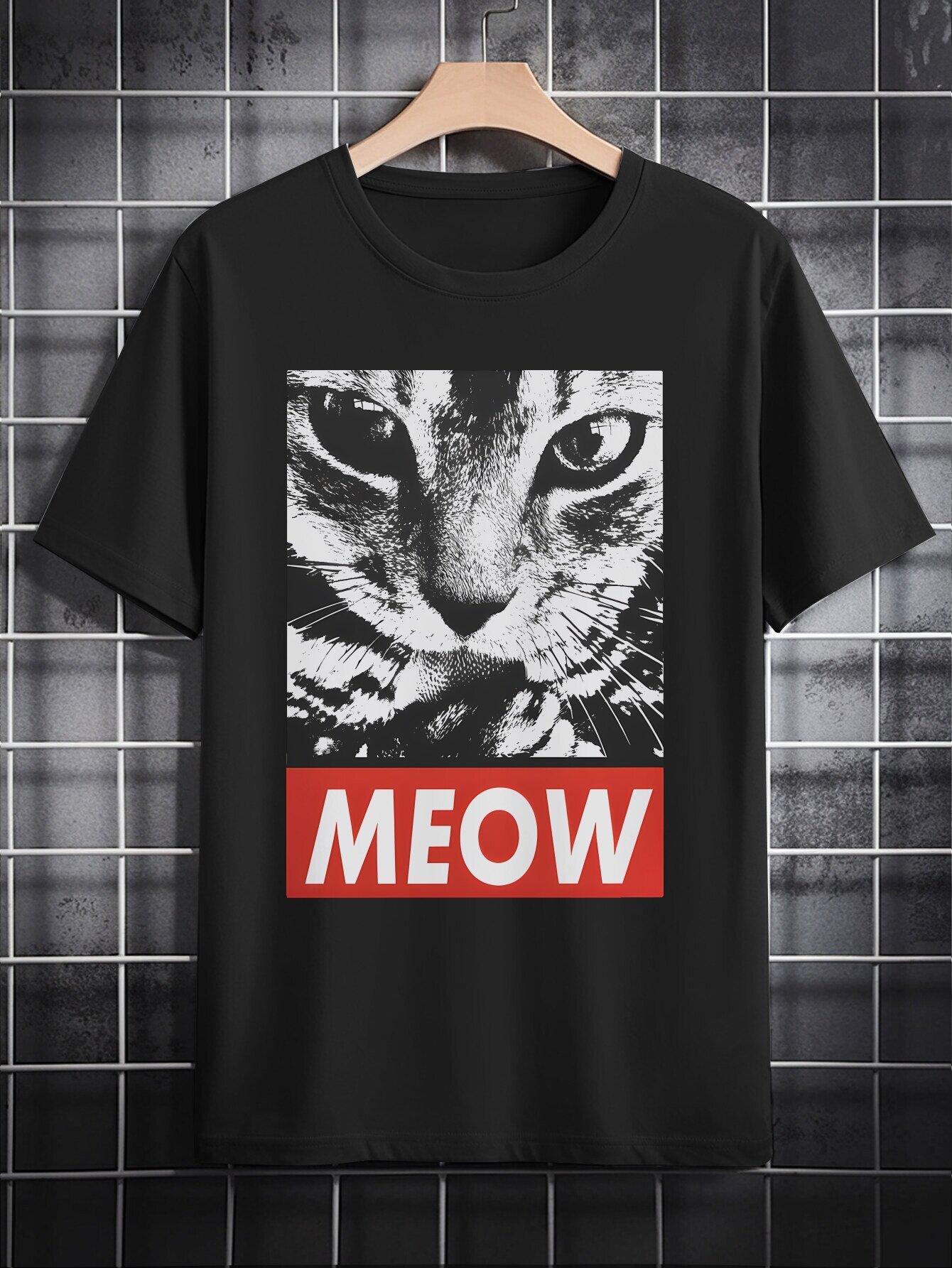 Casual Crew Neck T-shirt with  MEOW  Cat Print - Black and White XXXL